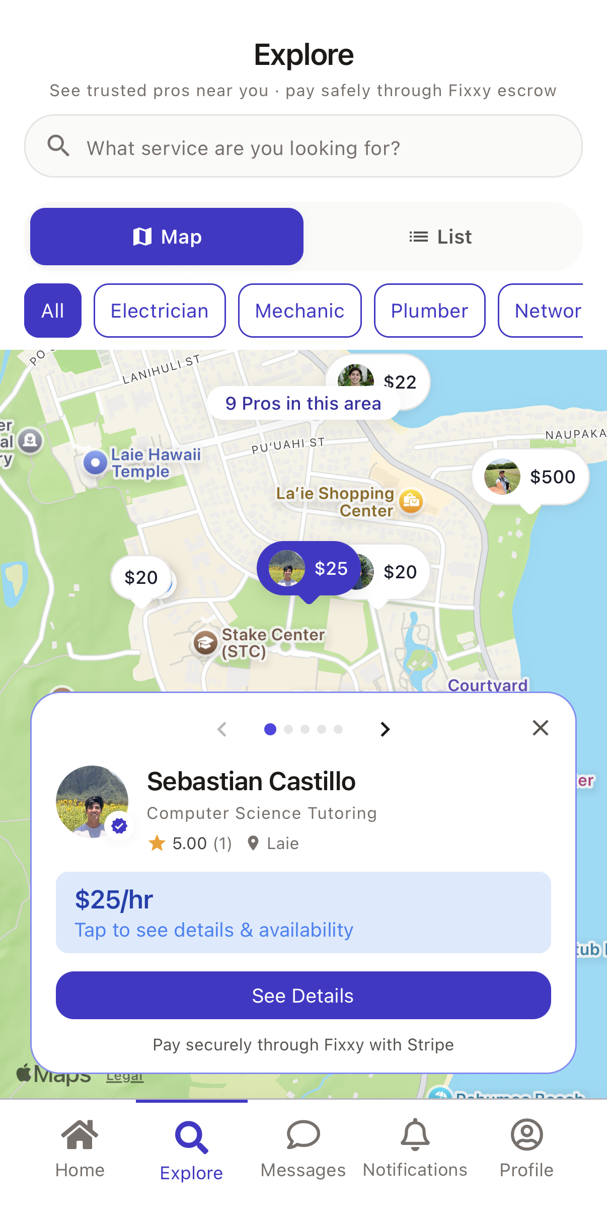 FixxyApp home screen showing local services